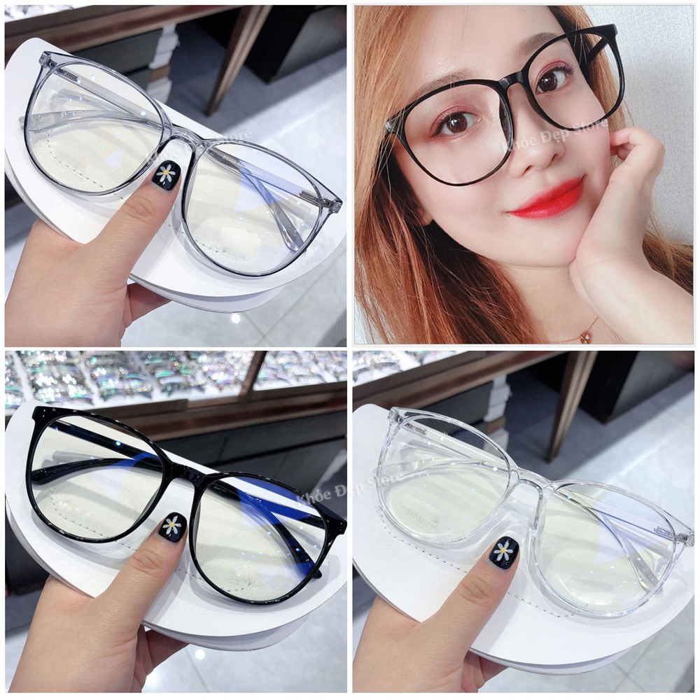 Kính mắt gọng tròn to nam nữ khung đẹp lắp mắt cận chống ánh sáng xanh tia uv chống bụi đi đường màu trong suốt đen xám