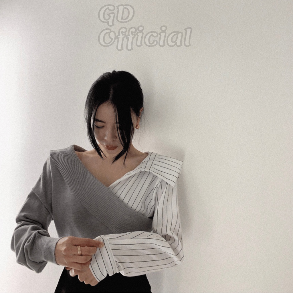 A87|Áo sơ mi polo hở vai phối len cho nữ công sở nhẹ nhàng màu trắng, xám, đen GD Official