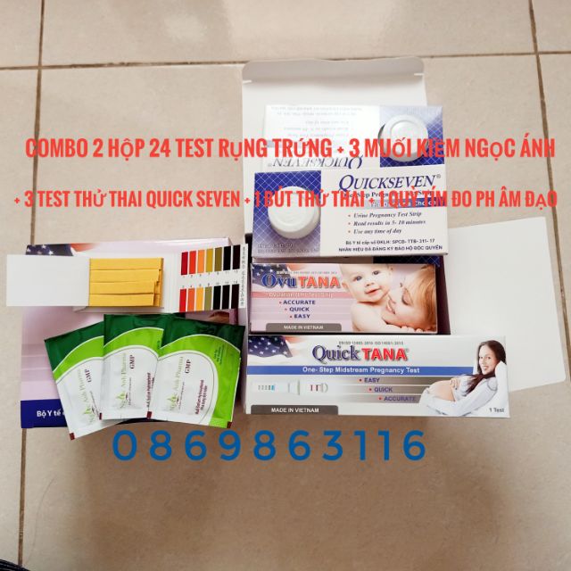 Combo 2 Hộp test rụng trứng + 3 muối kiềm Ngọc Ánh + 1 quỳ tím + 1 Bút thử thai + 3 que thử thai