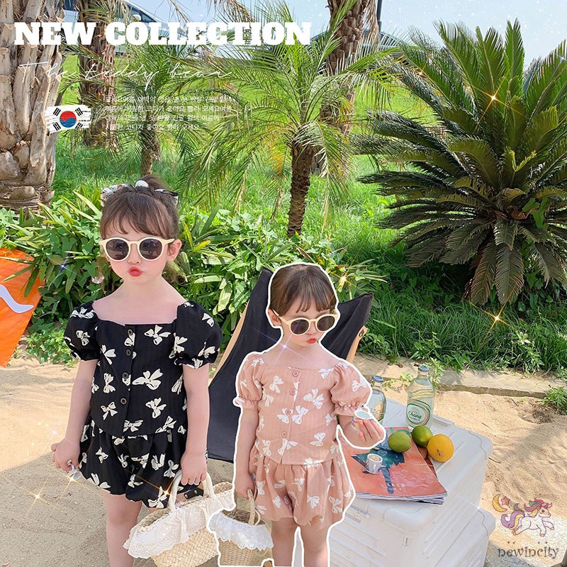 Set Áo Cổ Vuông Thắt Nơ + Quần Short Phong Cách Hàn Quốc Dành Cho Bé Gái