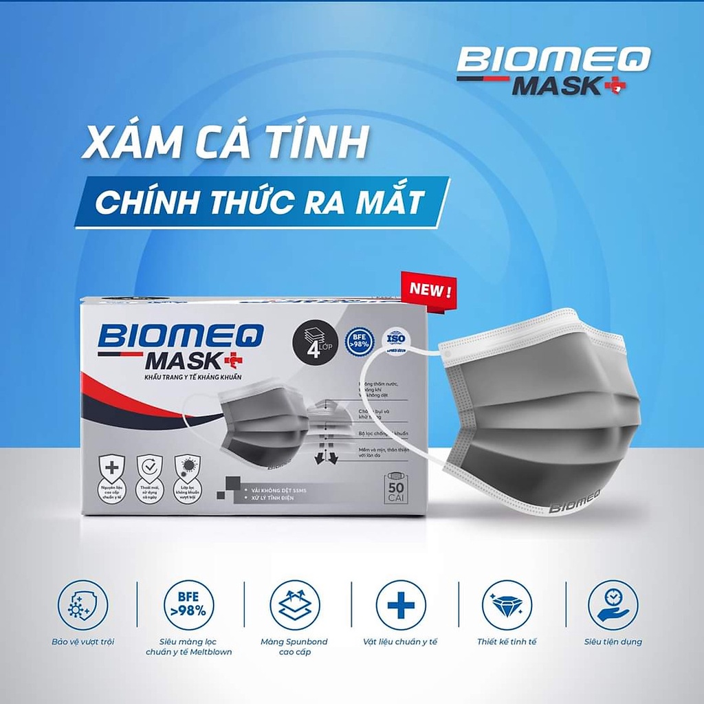 Khẩu trang y tế 4 lớp kháng khuẩn BIOMEQ khẩu trang cao cấp màu xanh, màu xám, màu trắng - MEDICAL