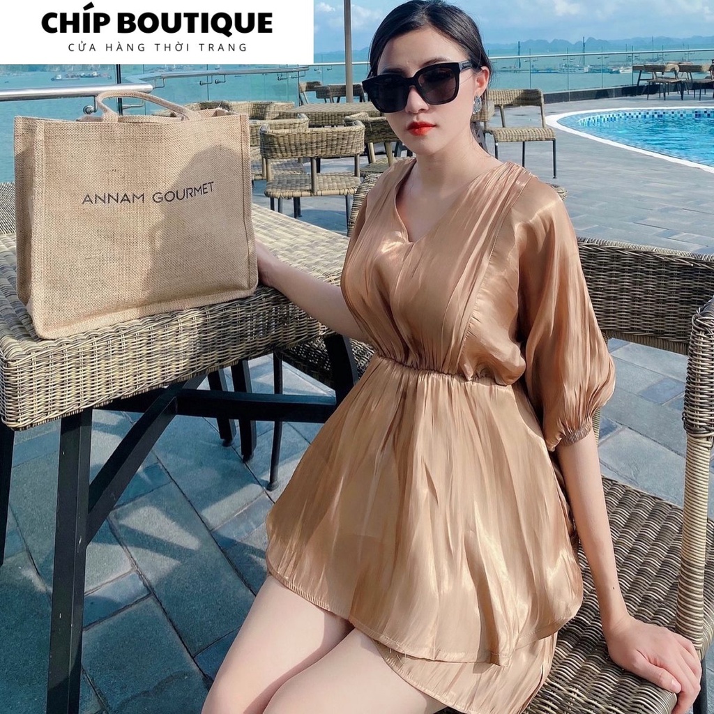 Set váy du lịch tiểu thư sang trọng, chất tơ cao cấp, mềm mịn màu Đen/ Nâu Tây  - Chíp Boutique