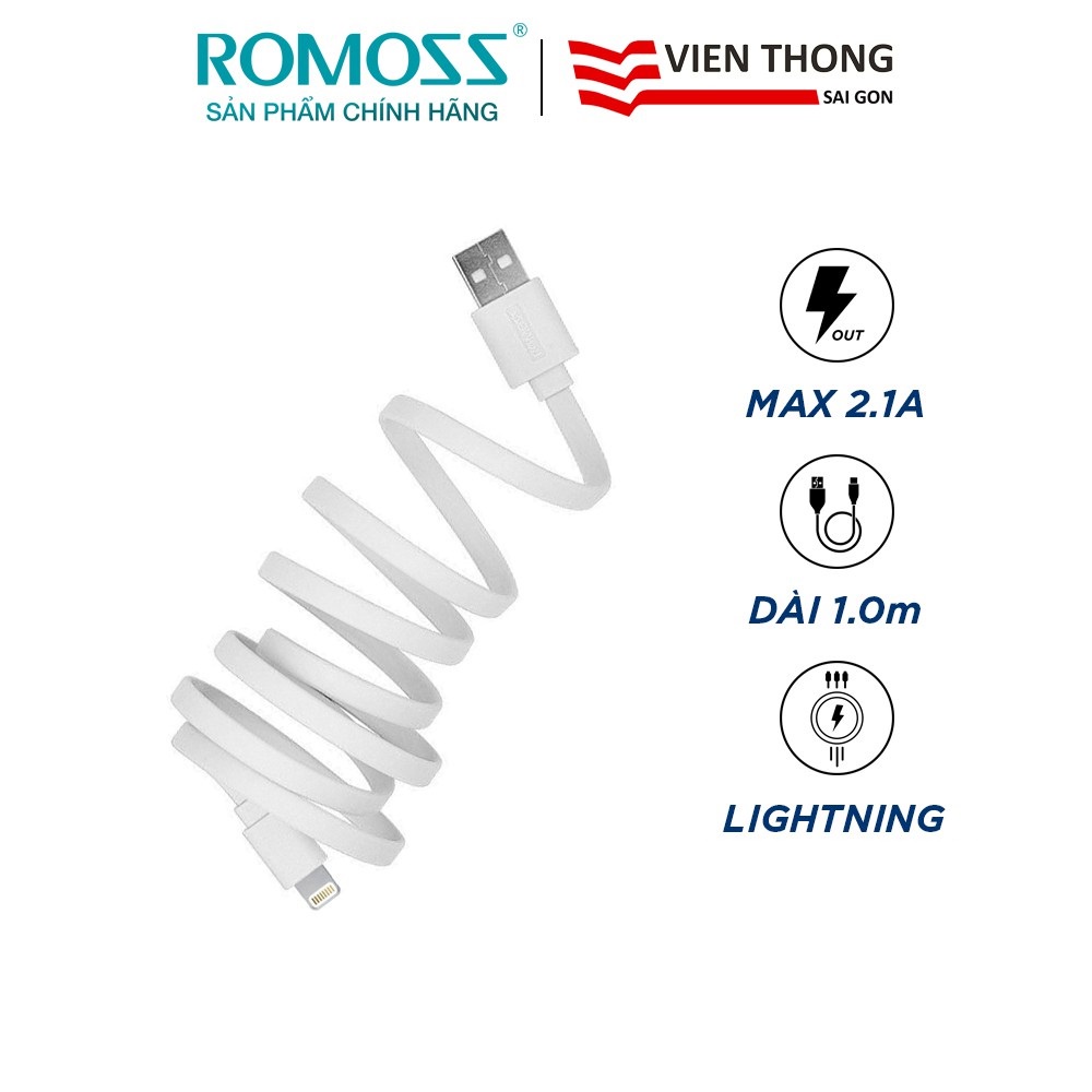 Cáp sạc nhanh lightning Romoss CB12f chống rối dài 1m/Sạc nhanh 2A cho iPhone/iPad (Wh) - Hãng phân phối chính thức