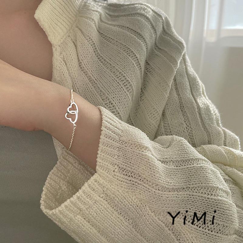 Vòng đeo tay mạ bạc mặt trái tim đôi thời trang dành cho nữ