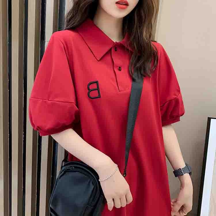 Đầm cotton dáng suông cổ sơ mi chữ B Váy thun tay bồng đỏ đen