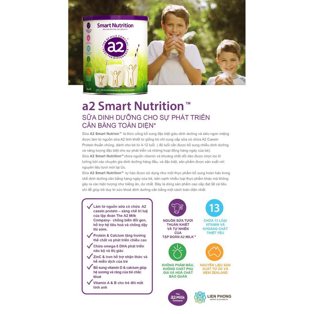 SỮA BỘT A2 SMART NUTRITION 750GR (4 -12 TUỔI)