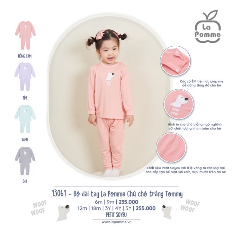 Bộ dài tay chú chó trắng Tommy La Pomme 6M-5Y