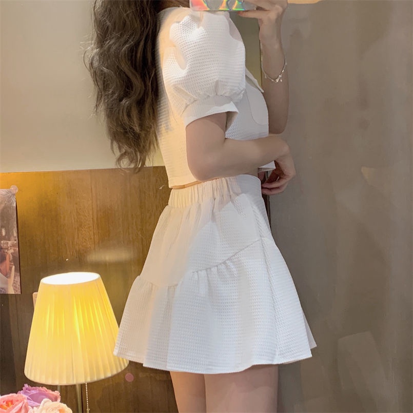 Set đồ COZOKC gồm áo sơ mi tay ngắn và chân váy lưng cao thời trang dành cho nữ