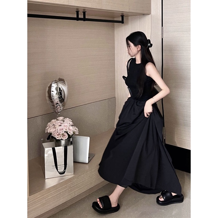 Đầm Midi Không Tay Màu Đen Thiết Kế Đơn Giản Thời Trang Mùa Hè Theo Phong Cách Pháp