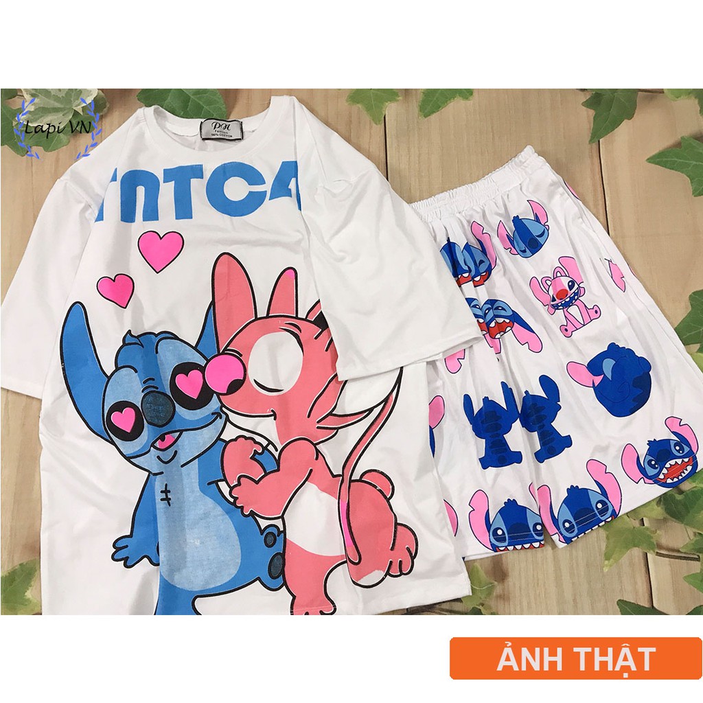 Set Đồ Bộ In Hình STITCH KISS QUẦN cartoon STITCH 3D Cute DB30-Lapi VN Áo+ Quần Đùi Vải Thun Cotton Thoáng Mát, Freesize