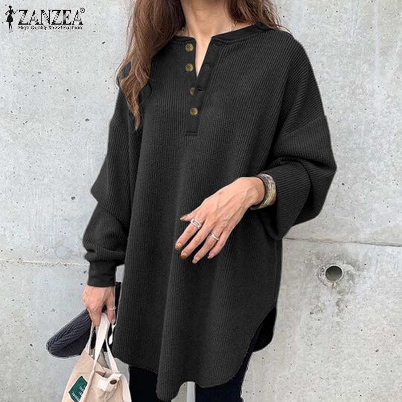 Áo kiểu ZANZEA màu trơn tay dài cổ chữ O thời trang Hàn Quốc cho nữ