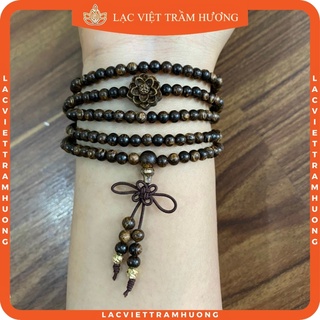 Vòng Tay Trầm Hương Chuỗi Tràng Hạt 216 4mm Trầm Sánh Chìm Đen Tự Nhiên Mix Hoa Sen Và Đài Sen Ngọc Bích