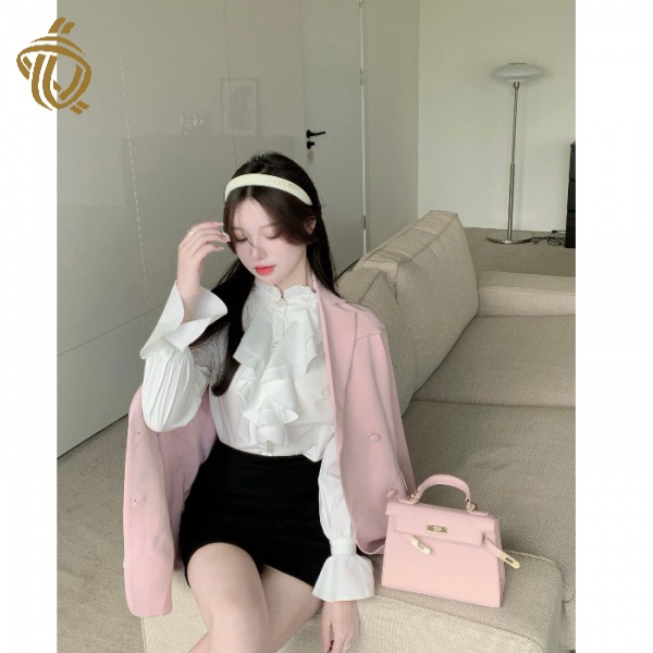 Set áo sơ mi trắng phối chân váy màu đen thời trang Hàn Quốc mùa thu cho nữ 2021