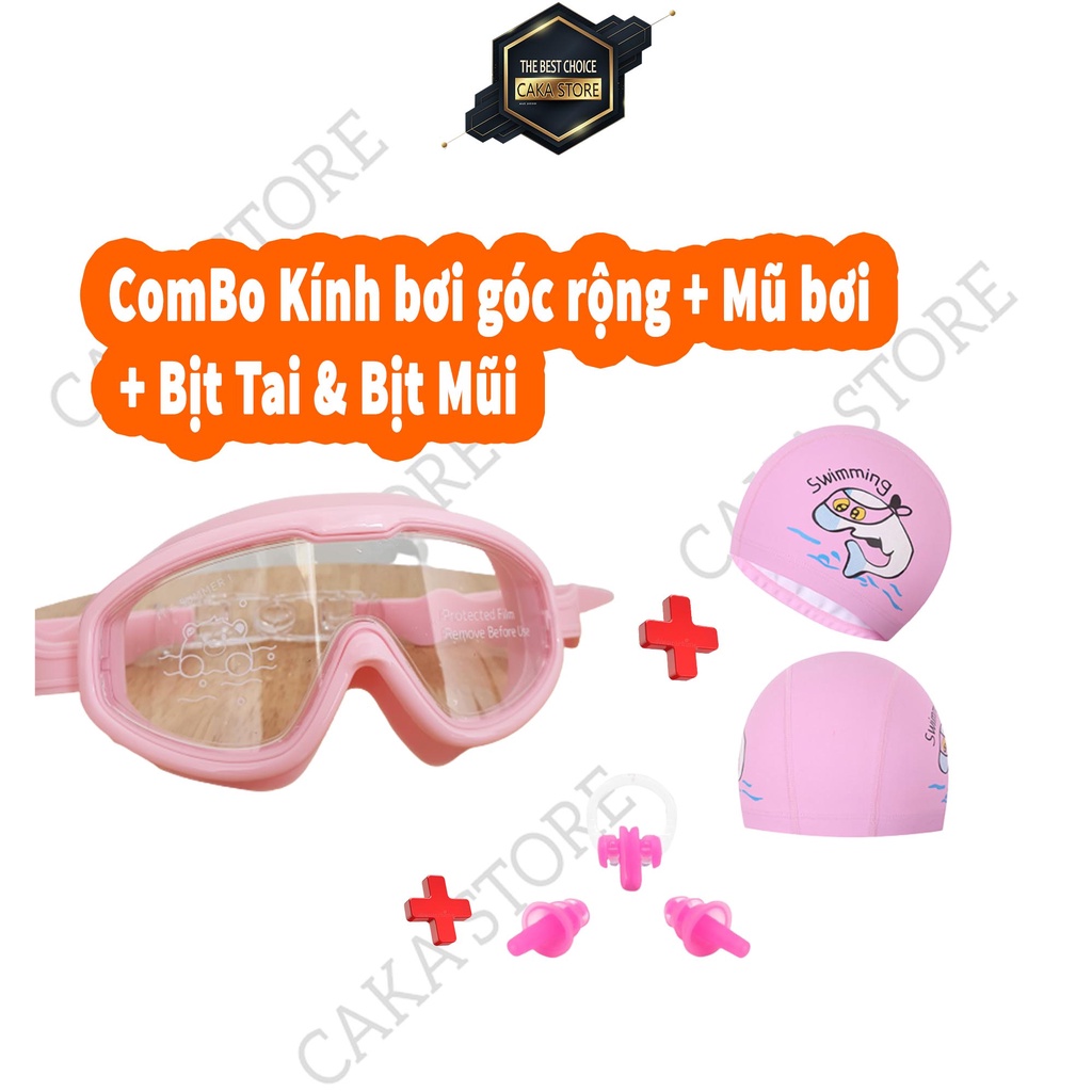 Kính bơi trẻ em góc rộng (Combo đầy đủ gồm kính bơi 230°, mũ bơi 2 lớp thoáng khí và bịt tai & bịt mũi đi bơi) Freeship