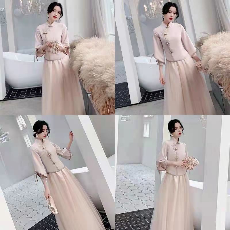 Đầm phù dâu dáng dài kiểu Trung Hoa thanh lịch sành điệu