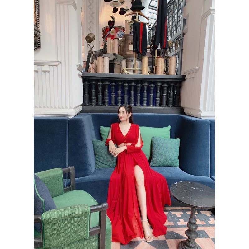 Đầm váy maxi đi biển hở vai khoét eo xẻ tà siêu sống ảo Hakieu MSP 037