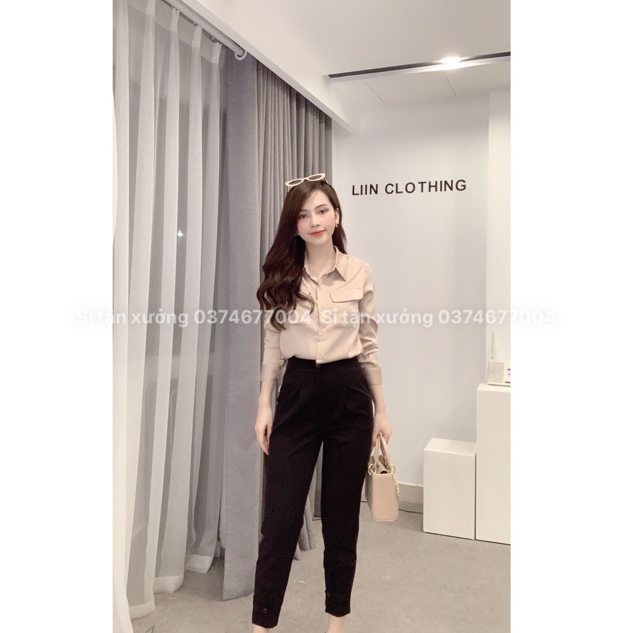 Áo sơ mi nữ lụa be form trơn basic, áo sơ mi công sở dài tay 2 túi ngực thanh lịch 376