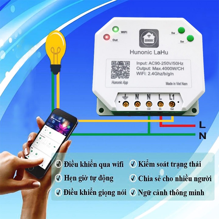 Công tắc thông minh ĐIỀU KHIỂN TỪ XA bằng điện thoại Hunonic Lahu 1 kênh công suất lớn 4000W