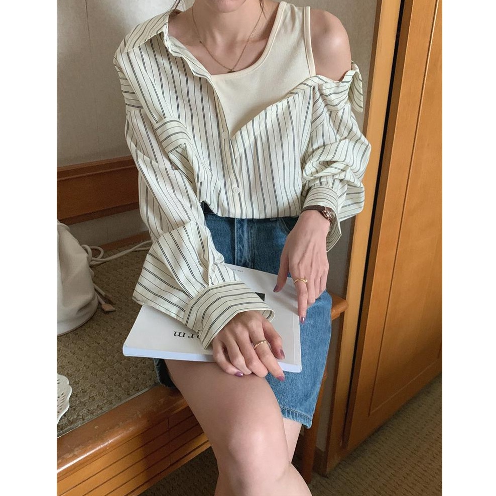 Áo Sơ Mi Kẻ Sọc Dài Tay Phối Lớp Ngoài Phong Cách Hàn Quốc 54450