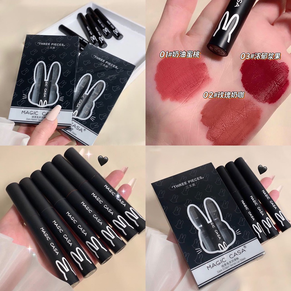 Set 3 Son Môi Bùn Dưỡng Ẩm Màu Đen Thiết Kế Vỏ Hình Thỏ Xinh Xắn