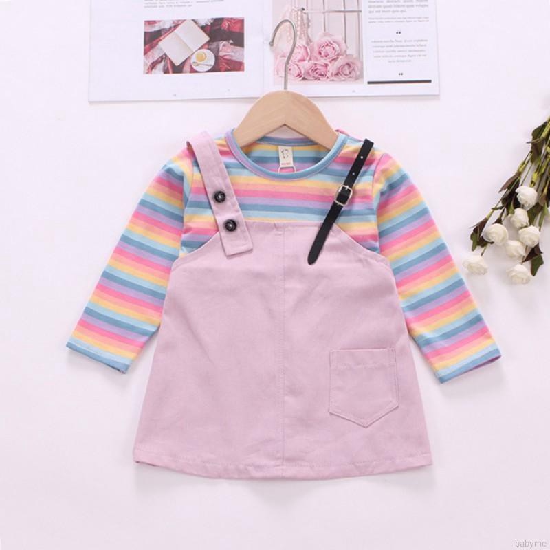Babyme Autumn Baby Girls Rainbow Stripe Print Long Sleeve Fake 2 Piece Dress Kids Princess Dresses