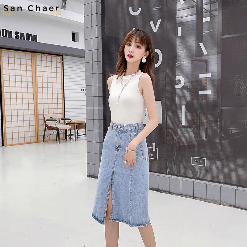 [QUÀ TẶNG 1C KHẨU TRANG] Chân váy bò Denim THUS xẻ tà phía trước phong cách Ulzzang