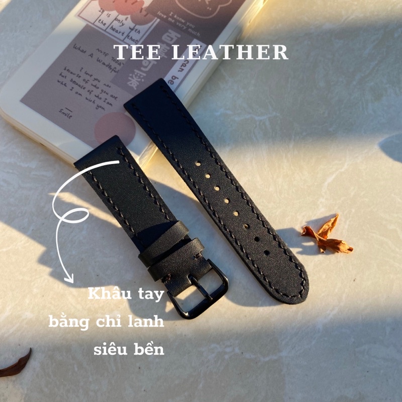 Dây đồng hồ da bò thật-khâu tay thủ công, dây da đồng hồ size 18mm, 20mm, 22mm, 24mm màu Đen - TEE Leather