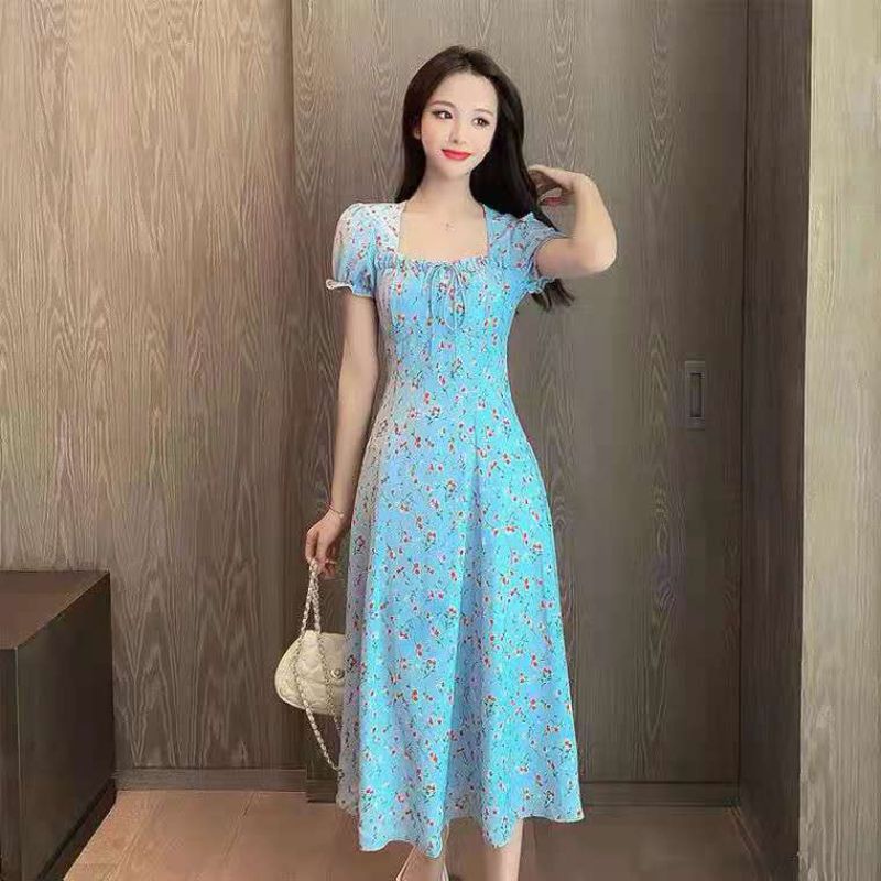 váy maxi dài màu xanh hoa nhí bánh bèo, cổ chữ V có dây nơ cực nữ tính, đầm hàn quốc dài qua gối hot tik tok 2021