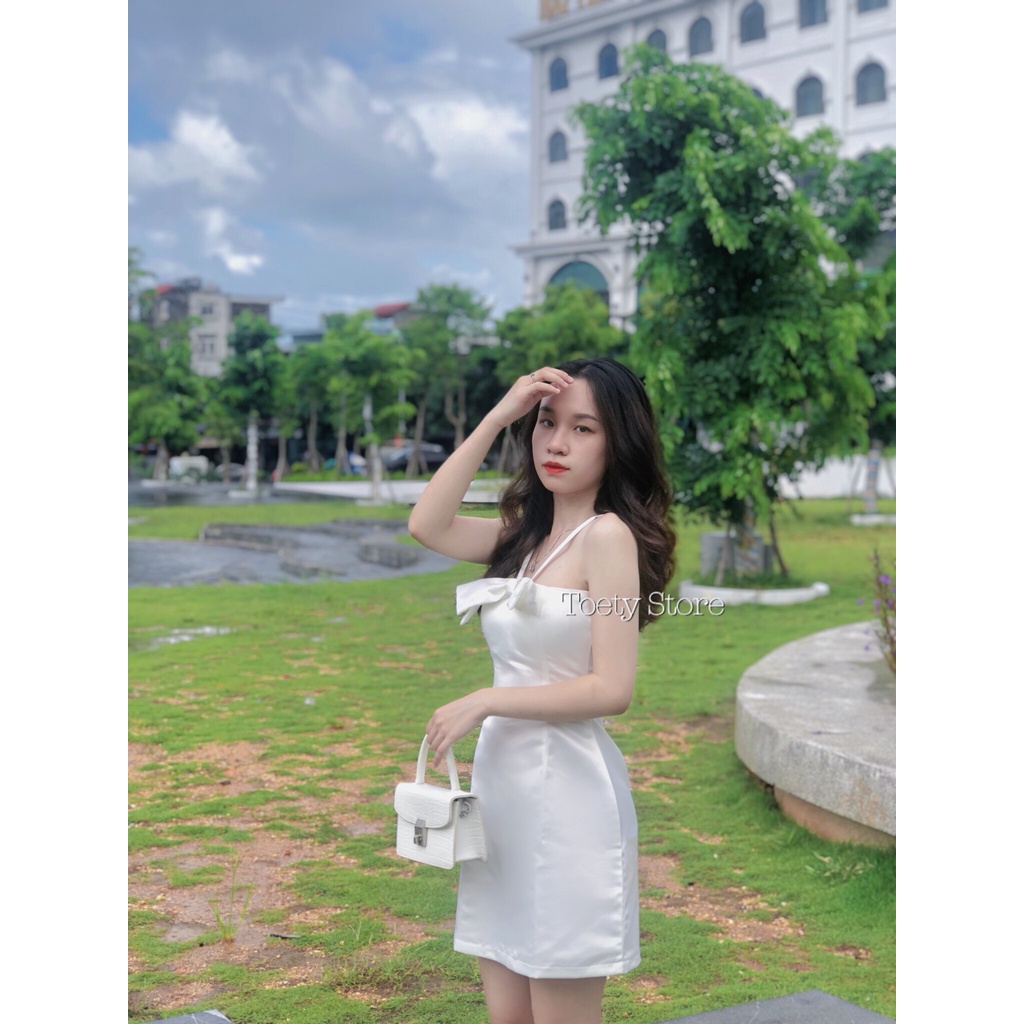 Váy 2 Dây Nữ Trễ Vai Nơ Ngực 🌱 Đầm 2s Cúp Ngực Chất TAFTA Dáng Ngắn 2 Màu 🌱