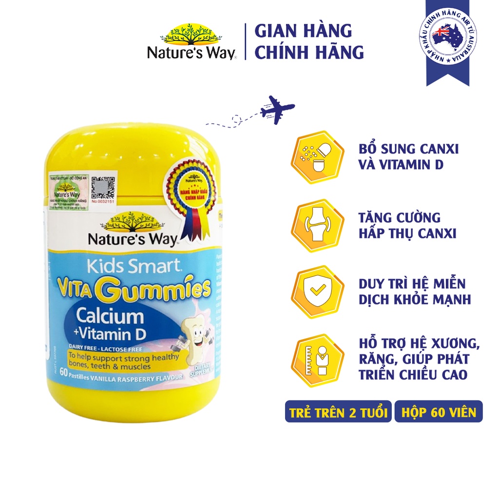 Kẹo Dẻo Canxi Cho Bé Nature’s Way Kids Smart Vita Gummies Calcium + Vitamin D 60 Viên