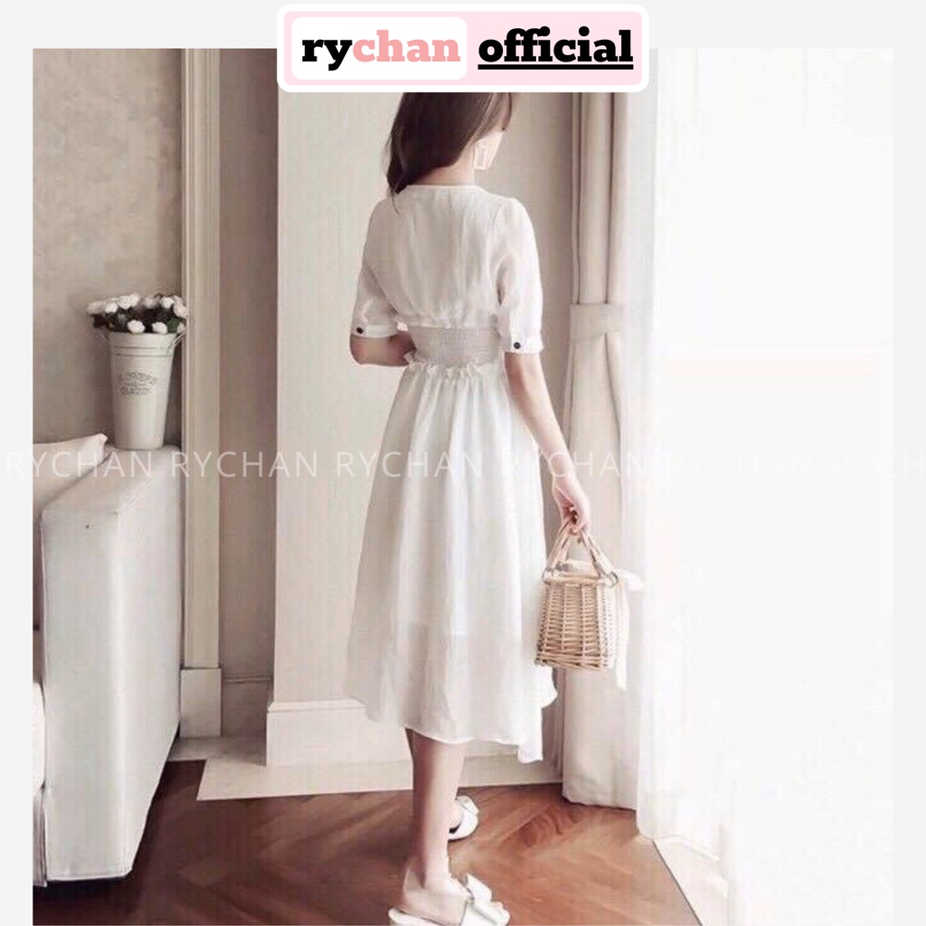 Đầm Xòe Trắng Dáng Dài Cổ V Nhún Eo 2 Lớp Lót Trong Dày Dặn - DX722