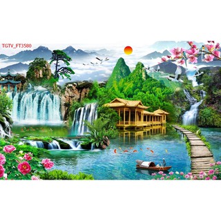 tranh dán tường 3d phòng khách phong cảnh non nước hữu tình tuyệt đẹp có sẵn keo