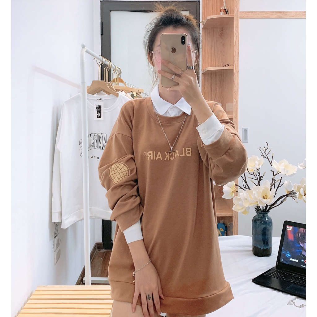 Áo nỉ sweater Blackair tay bồng , áo nỉ nữ ullzzang Bingshop dài tay form rộng vải da cá cao cấp