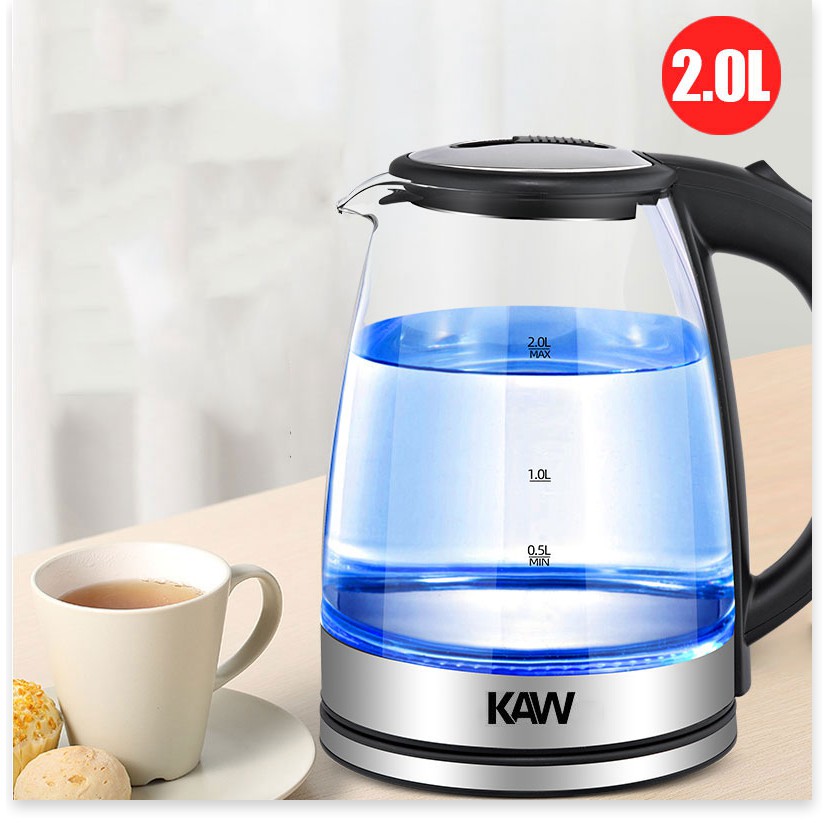 Ấm Nấu Nước KAW RK1818 ✔️Chính Hãng✔️ dung tích 2L, tiết kiệm điện, bình thủy tinh trong suốt, nước nóng siêu nhanh.