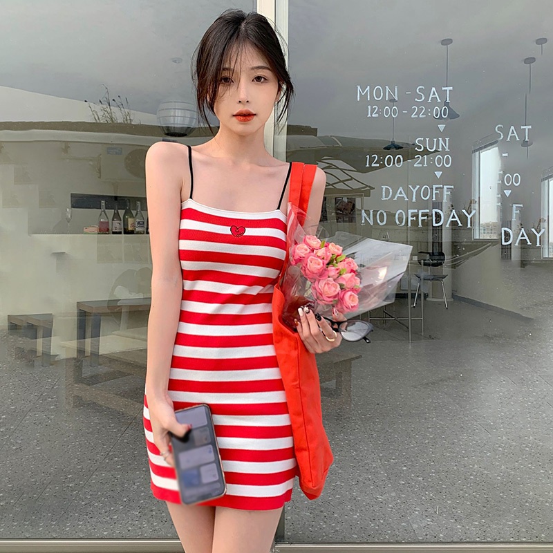 Đầm Dệt Kim Hai Dây Dáng Ôm Họa Tiết Kẻ Sọc Thời Trang Mùa Hè Quyến Rũ Cho Nữ