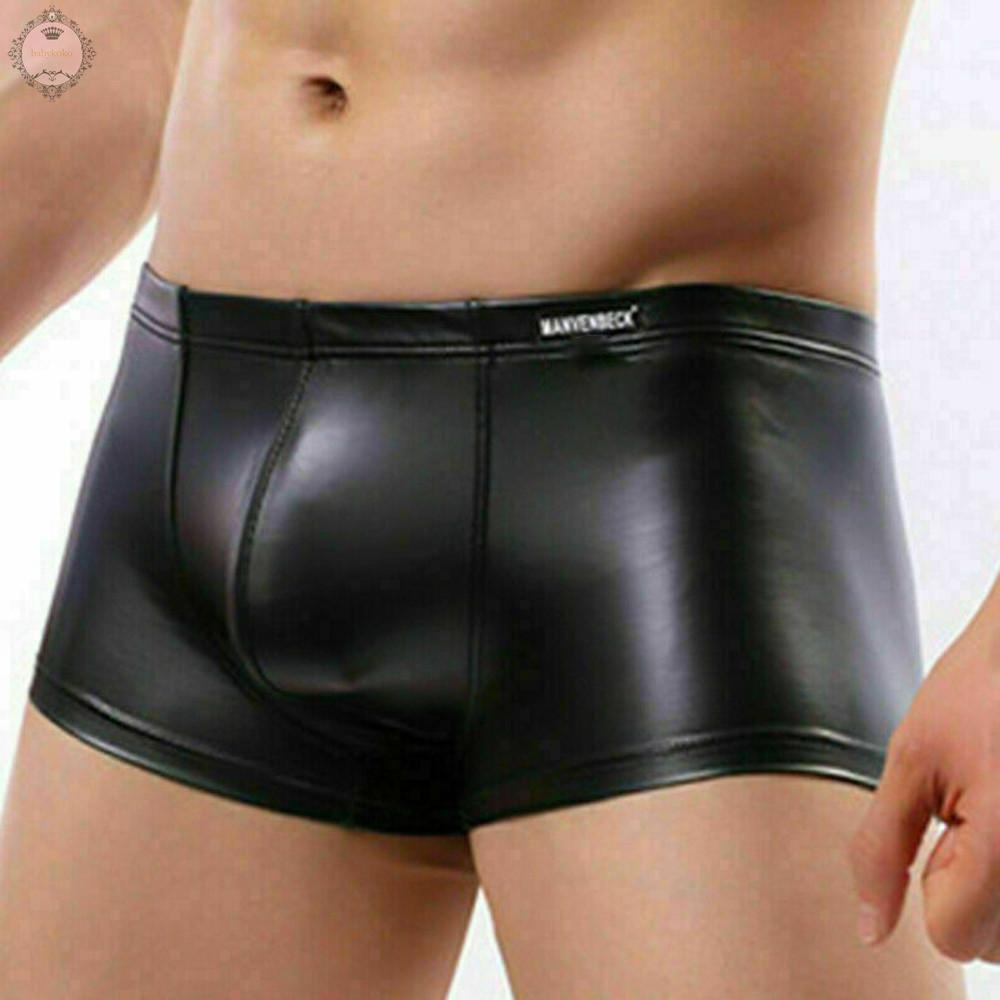 Quần lót boxer chất liệu da bóng màu đen trơn gợi cảm 2021