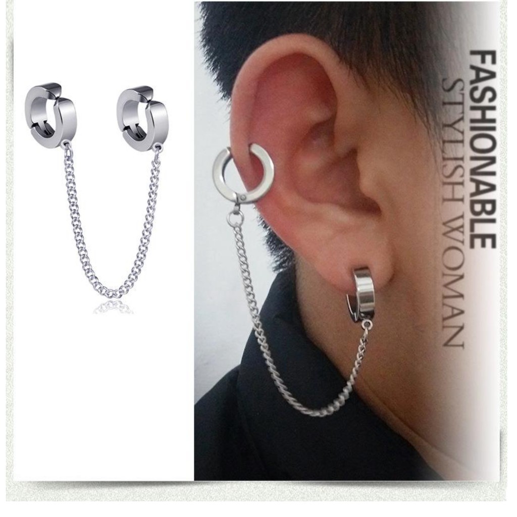 Khuyên Tai Nam Titan Khóa Còng Xích Đôi Đối Xứng Phong Cách Hàn ( Kiểu Kẹp Không Cần Xỏ Lỗ) KTCONGXICHDOI02