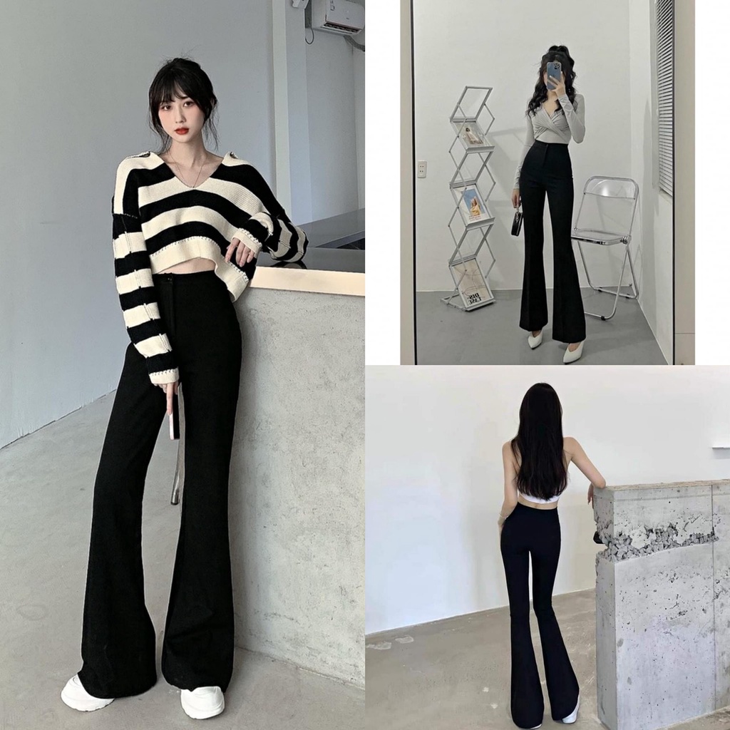 Quần legging ống loe cạp cao co dãn chất vải cotton mềm dày dặn dáng dài cao cấp Quần vải ống loe bigsize cạp chun đen