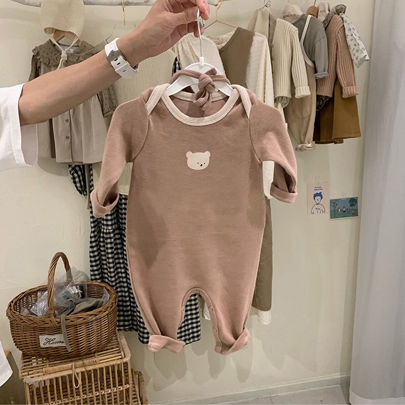 Bộ Quần Áo Bodysuit Cho Bé Trai Bé Gái Tuổi Họa Tiết Hình Gấu Đáng Yêu Chất Cotton Dày Dặn Mềm Mịn (Kèm Mũ)