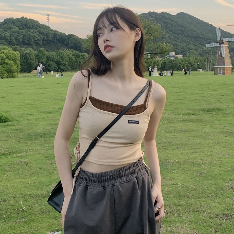 Áo Tank Top Giả Hai Lớp Dáng Ngắn Phong Cách Retro Mùa Hè Cho Nữ