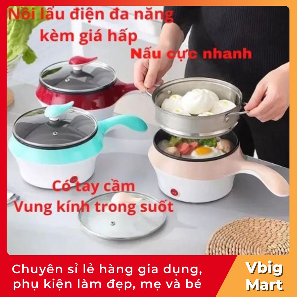 Nồi lẩu điện mini đa năng có tay cầm, ca nấu mỳ kèm giá hấp tiện lợi khi đi du lịch Vbig Mart