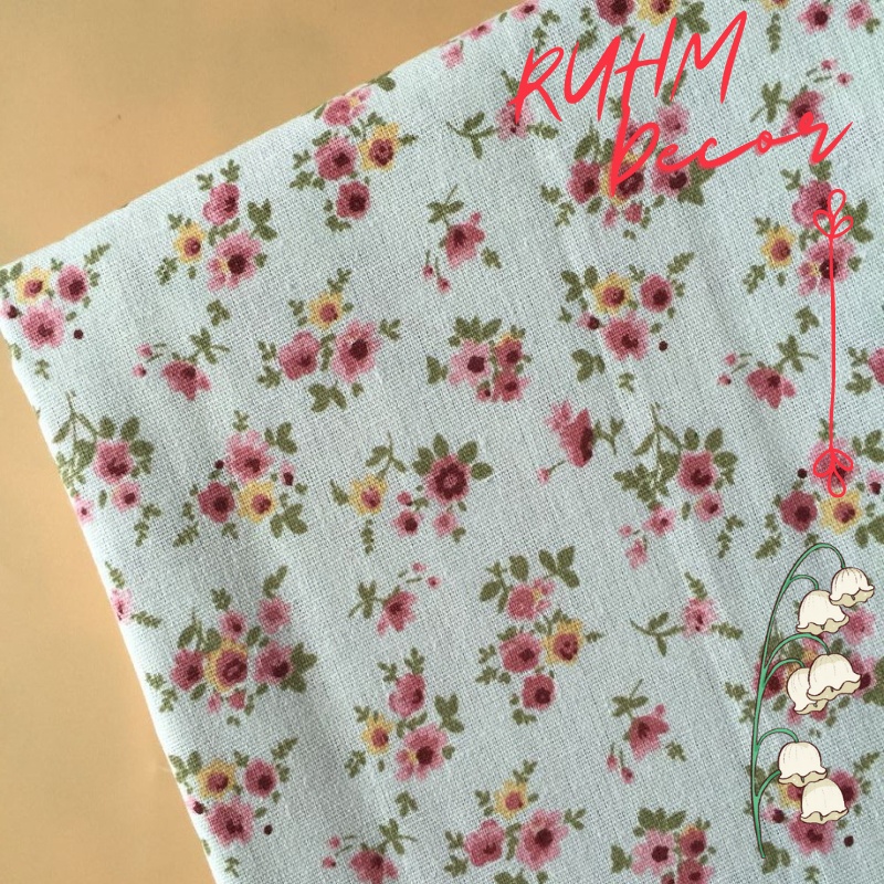 Vải bố linen đẹp may rèm dán trang trí che bàn bếp, hộc tủ xinh xắn - họa tiết Hoa nhí vàng hồng nhạt V-A08