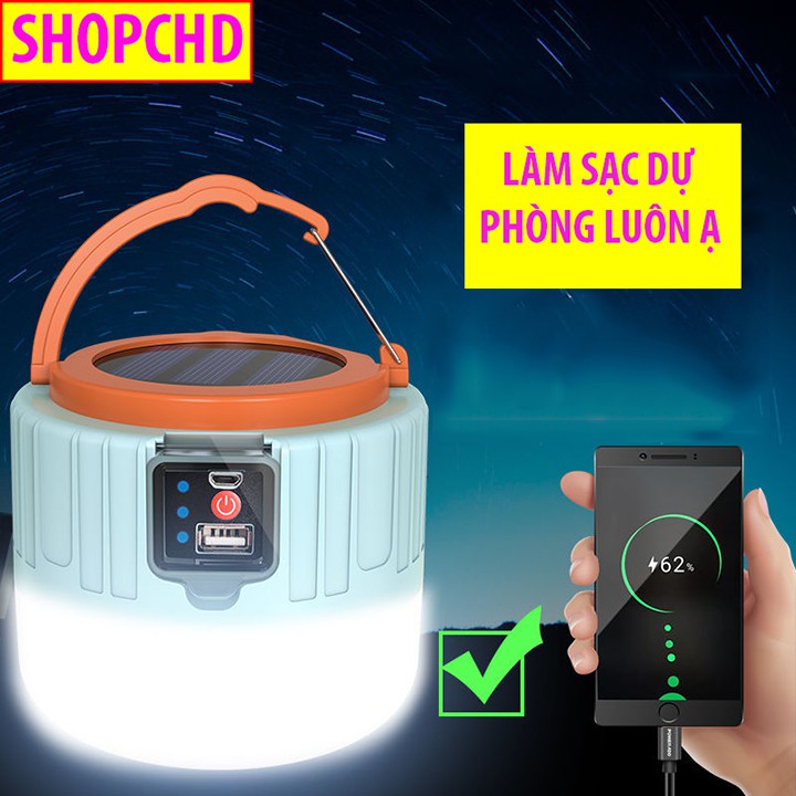 Bóng tích điện năng lượng mặt trời 100w, có điều khiển, dung lượng pin lớn kiêm sạc dự phòng pin 3600mAh