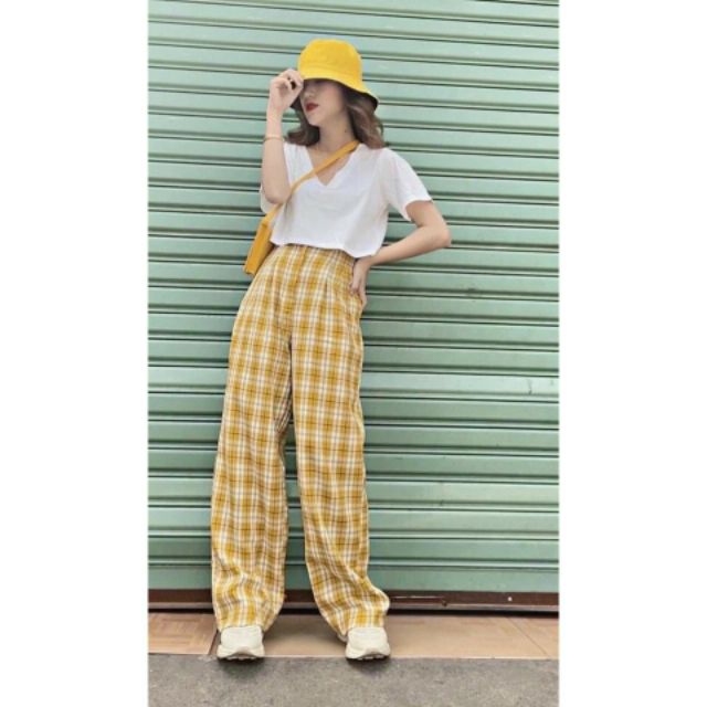 Quần cul ống rộng kẻ sọc caro cạp cao cúc giả - quần ống sớ kẻ caro nữ