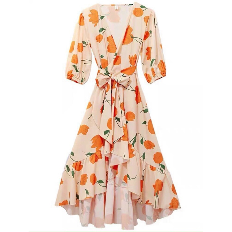 Đầm cổ chữ V họa tiết hình hoa màu cam ống tay bo chun có dây thắt eo mặc dễ chịu tôn dáng cho các tình yêu đi dạo phố