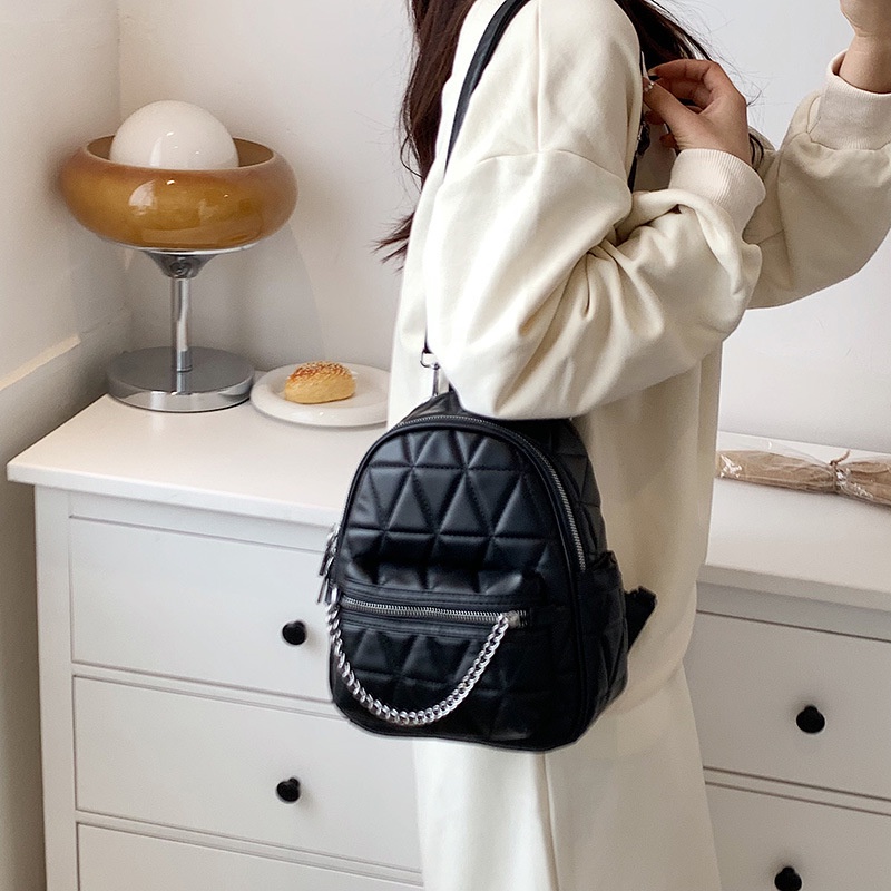 Ba Lô JASMIN NOIR Đi Học Phối Dây Xích Kẻ Sọc Caro Đơn Giản Thời Trang Dành Cho Nữ Thanh Thiếu