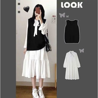 40-90kg Autumn girls wear Korean small fresh vest + dress two-piece female