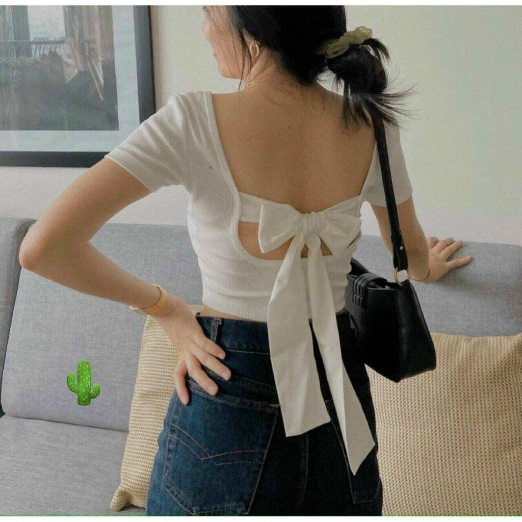 Áp croptop nữ cổ vuông thắt nơ sau bozip - Thun kiểu dáng ôm body ngắn, phông cộc tay hở lưng sexy hàn quốc ulzzang