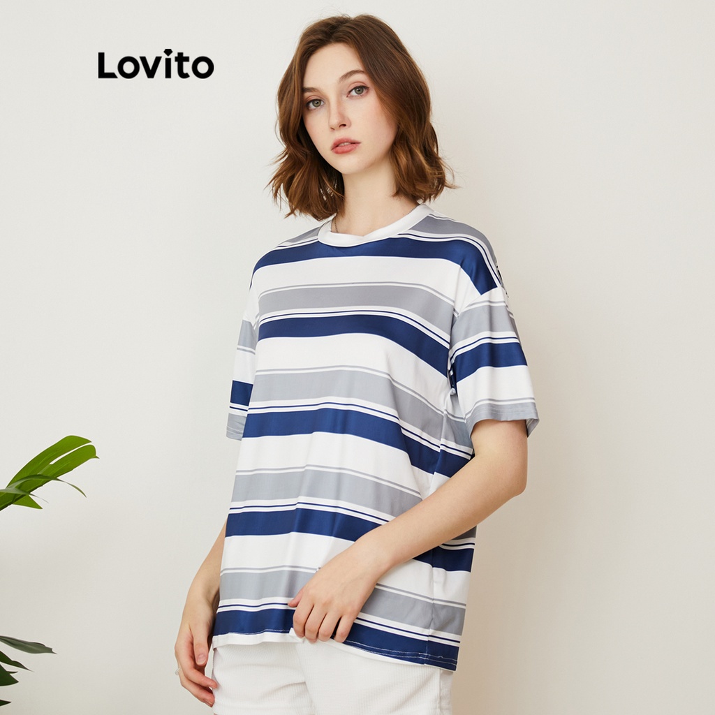 (Hàng có sẵn) Lovito Áo Thun Trơn Cổ Tròn SọC ThườNg L22AD034 (Xanh Và TrắNg)