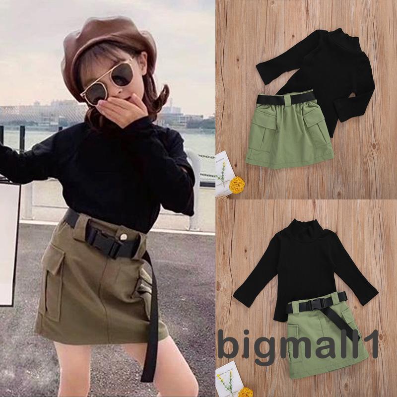 Bộ đồ 3 món gồm áo tay dài cổ lọ + chân váy + dây thắt lưng xinh xắn dành cho bé